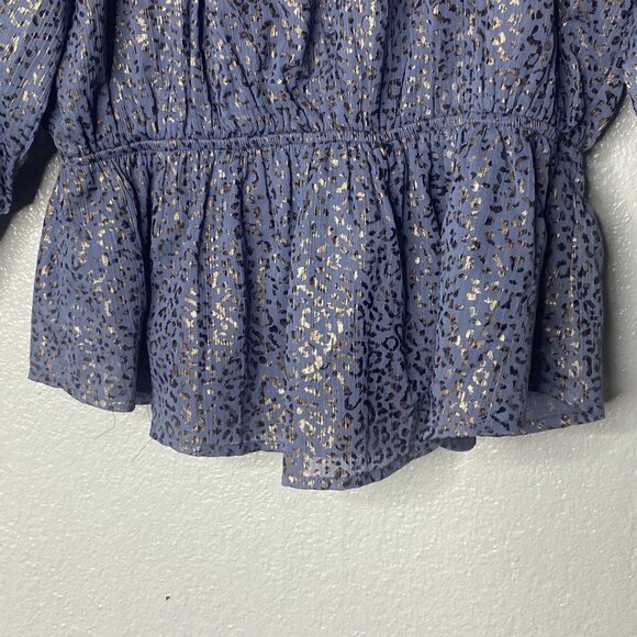 Entro Top Ladies Blue w/ Metallic Gold Leopard 3/4 Sleeves Ruffled V Neck - Picture 7 of 13